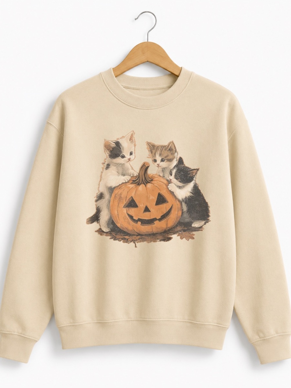Beige Crewneck Sweatshirt with Kittens & Pumpkin Graphic